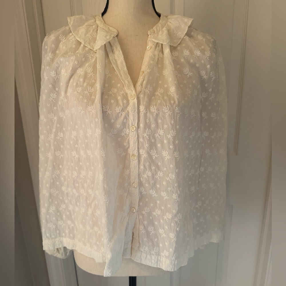 Doen Cream Embroidered Cotton Silk Button-Front Blouse